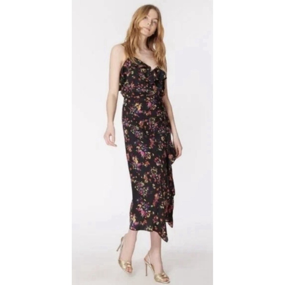 Veronica Beard Monica Silk midi dress‎ Black Multi Floral Size 8/10 Sundress